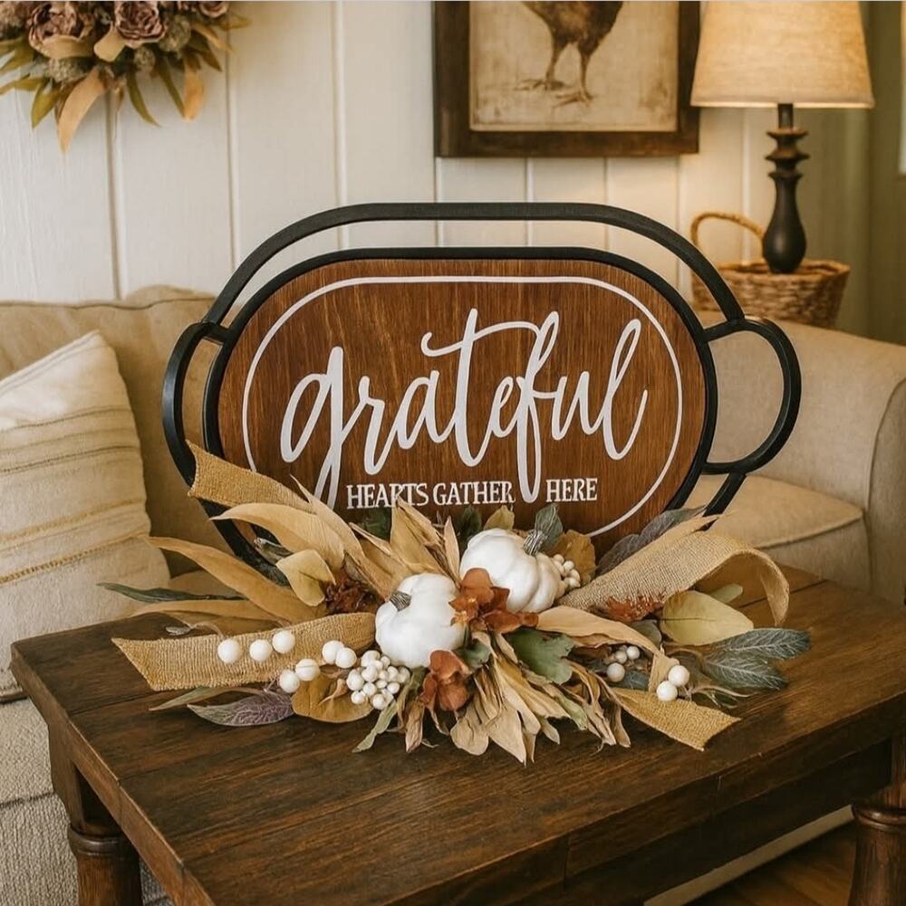 NEW! Gerson "Grateful" Metal Engraved Wood Serving Tray Fall Thanksgiving Decor